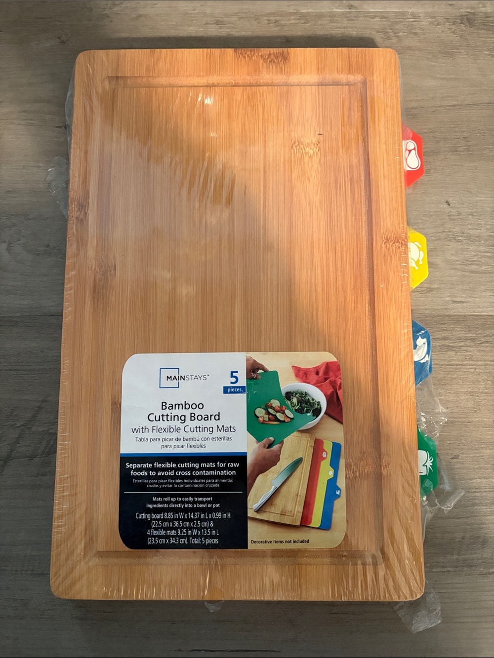 Mainstays Bamboo Cutting Board with Red, Yellow, Blue, Green Tabs